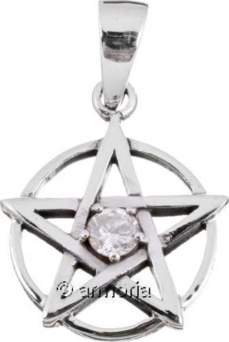 Pendentif Pentacle Cerclé avec Cristal Blanc en argent 