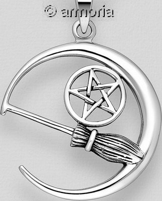 Pendentif Lune, Balai et Pentacle en argent