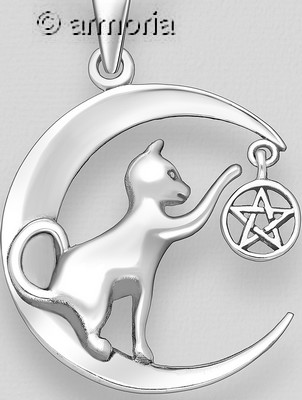 Pendentif Chat assis sur la Lune jouant avec un Pentacle en argent