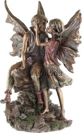 Figurine Couple d'Elfes s'embrassant en résine aspect bronze, hauteur  38 cm